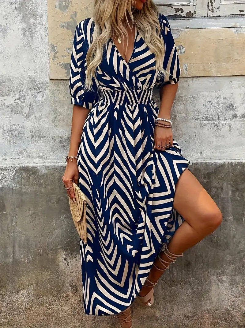 Robe midi femme – Coupe évasée fluide – Décolleté croisé – Manches bouffantes – Taille ceinturée – Motif rayé