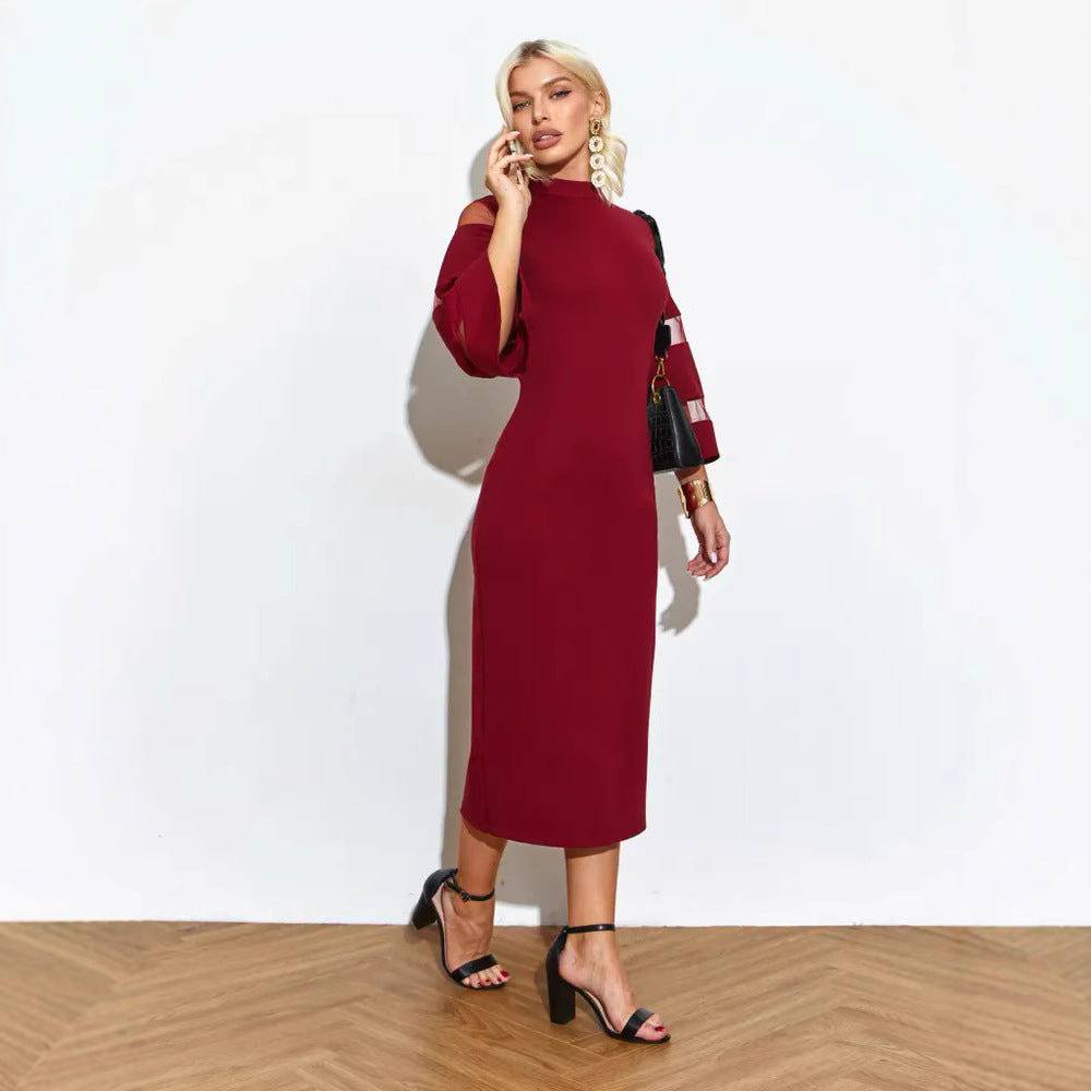 Robe midi femme – Coupe ajustée – Manches évasées en tulle – Col rond fente latérale