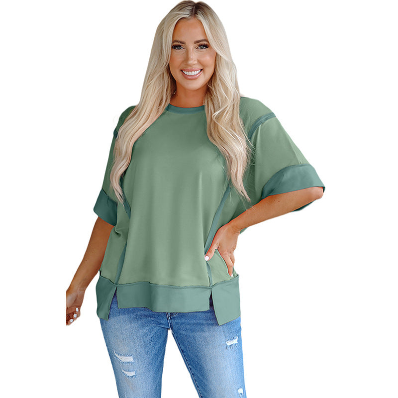 Haut manches courtes femme – Coupe ample – Tissu coton – Design colorblock – Fente côté