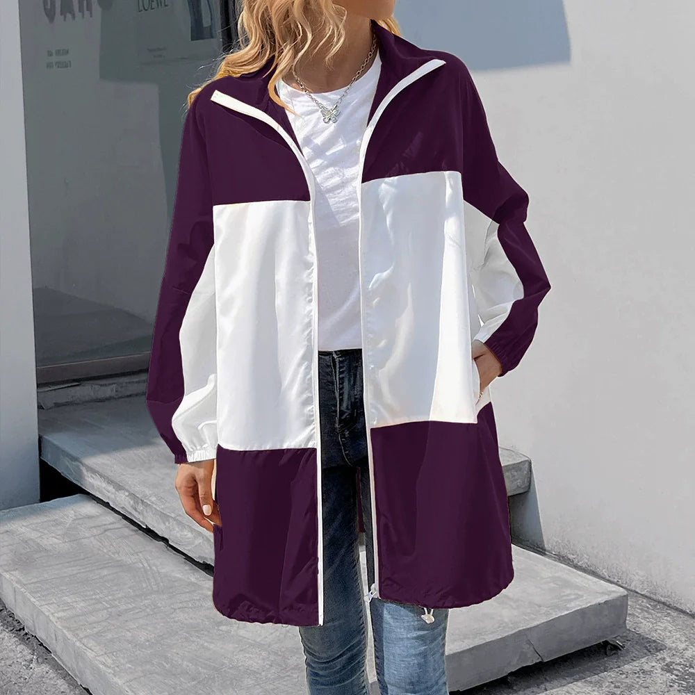 Veste imperméable femme – Coupe décontractée – Mi-longue – Capuche – Colorblock