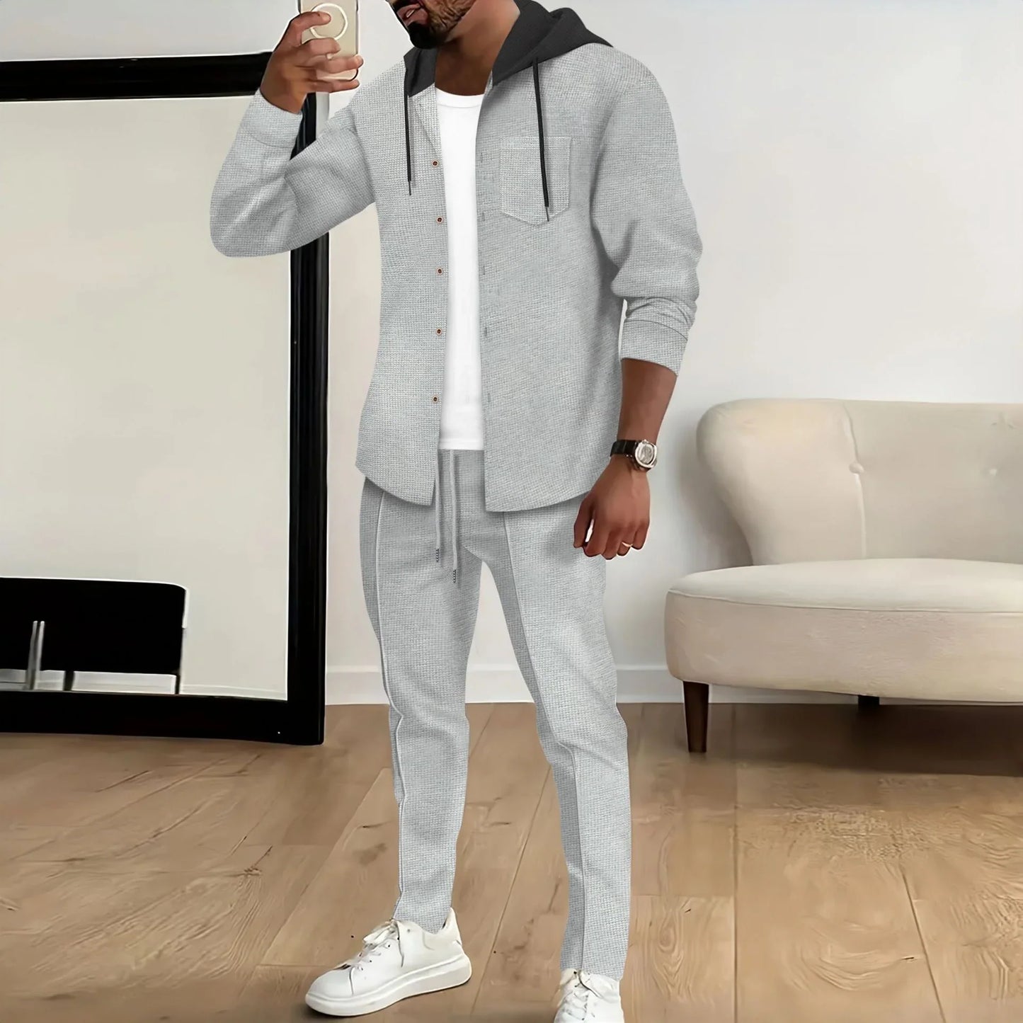 Ensemble veste à capuche et pantalon homme – Coupe décontractée – Coton – Fermeture boutonnée – Taille à cordon