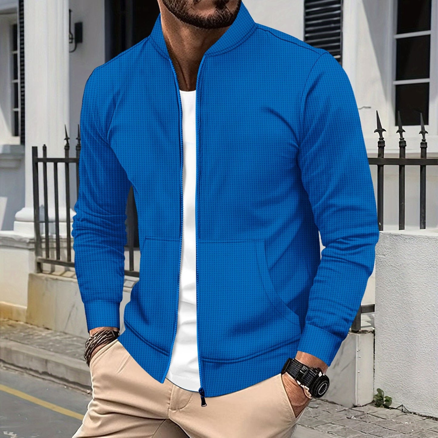 Veste zippée homme – Coupe athlétique – Tissu texturé – Ourlets côtelés – Poches devant