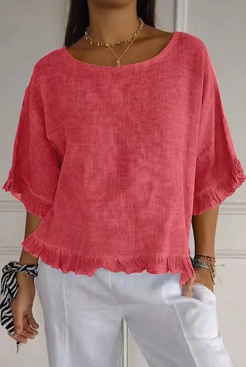 Blouse femme manches courtes – Coupe fluide – Lin et coton – Col rond – Finitions volantées