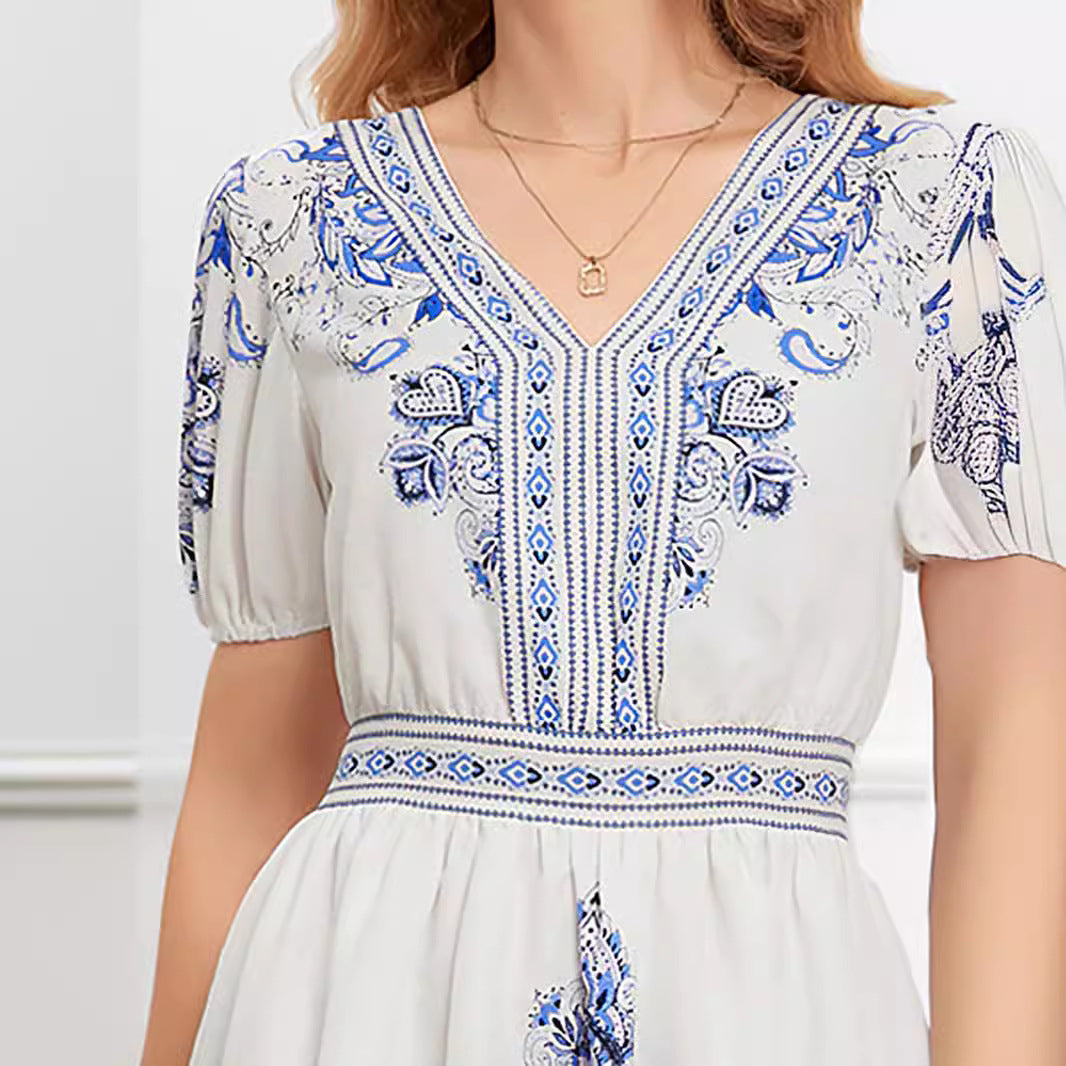 Robe Mini Femme – Coton Léger – Coupe Ample – Manches Courtes – Col V Imprimé