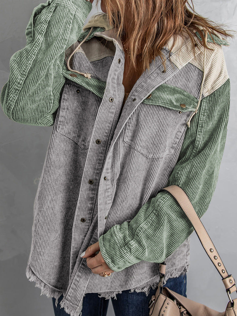 Veste à capuche femme – Coupe oversize – Velours côtelé – Ourlet effiloché – Boutons