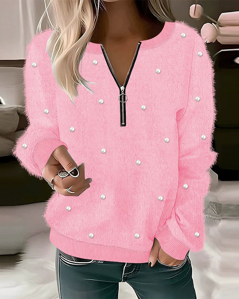 Femme Sweatshirt - Maille Texturée - Coupe Décontractée - Col Zippé - Manches Longues