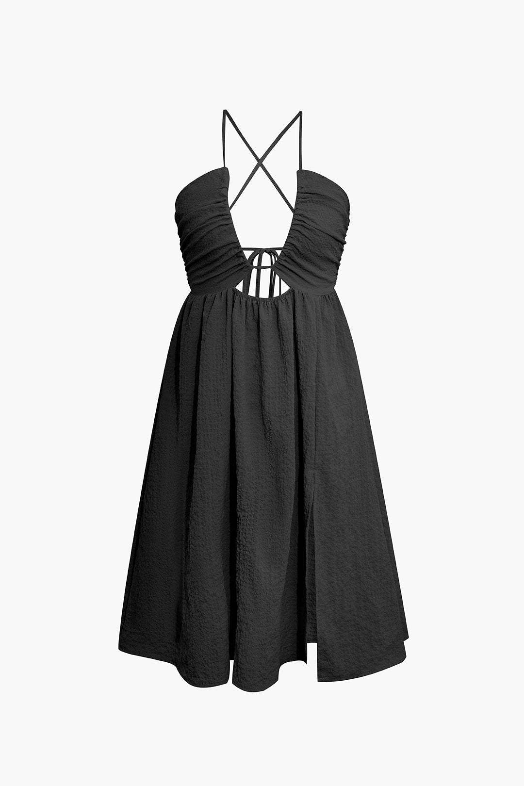 Robe midi femme – Bretelles fines – Décolleté en V – Fente haute – Détail ajouré