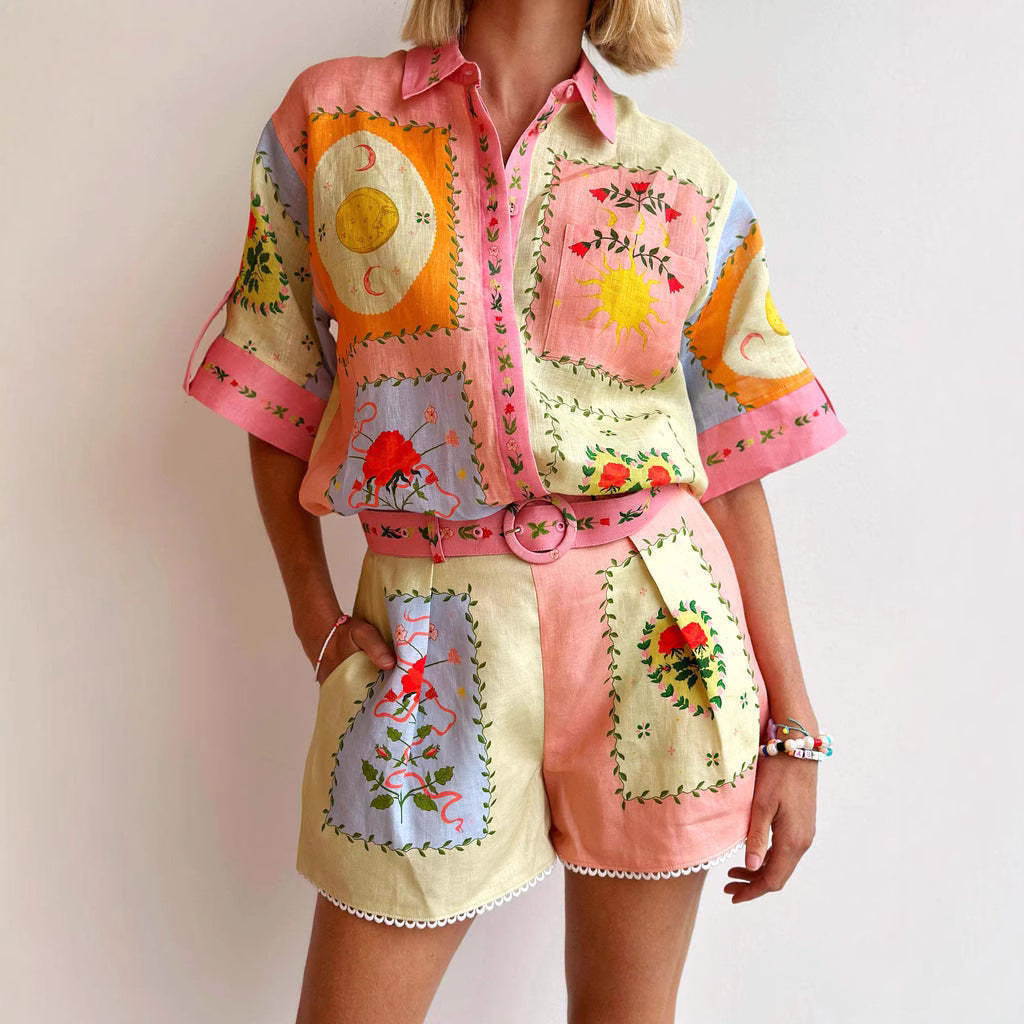 Ensemble Femme Chemise et Short – Coupe Ample – Taille Haute Ceinturée – Brodé