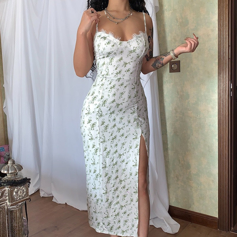Robe midi femme – Coupe ajustée – Bretelles fines – Fente latérale – Imprimé fleuri