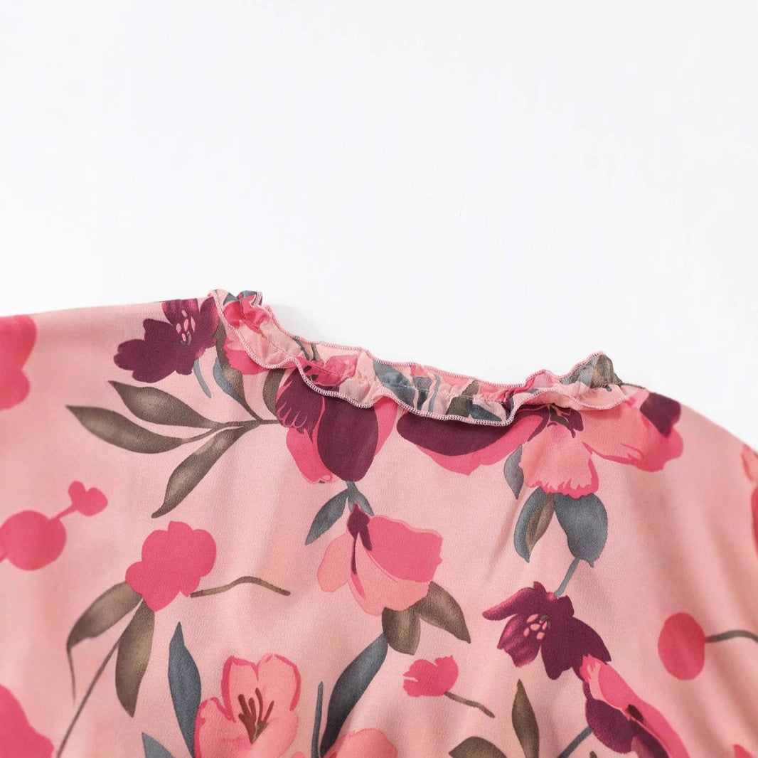 Robe longue femme – Chiffon léger – Imprimé fleuri – Col V – Manches longues