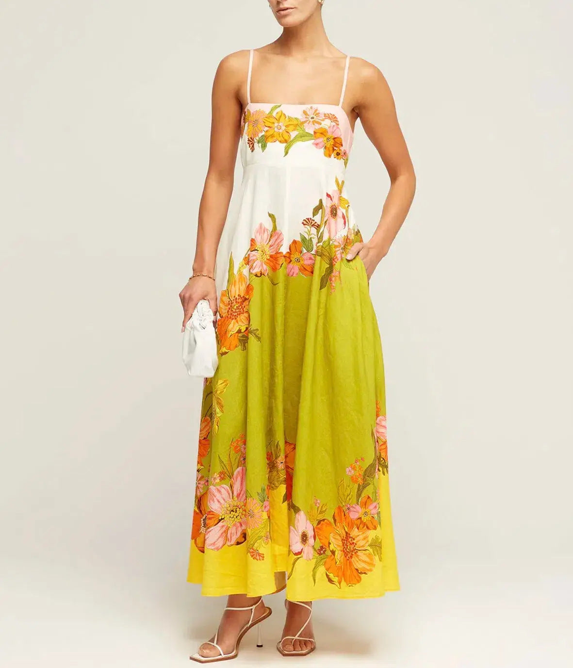 Robe midi femme – Bretelles fines – Corsage smocké – Coupe évasée fluide