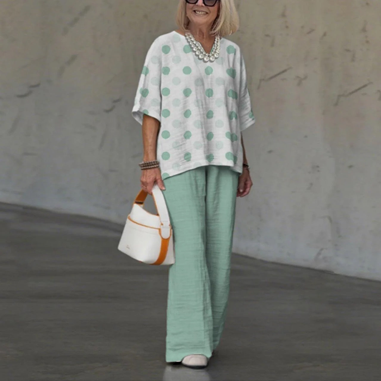 Ensemble femme décontracté – Chemise ample à pois – Pantalon large fluide coton