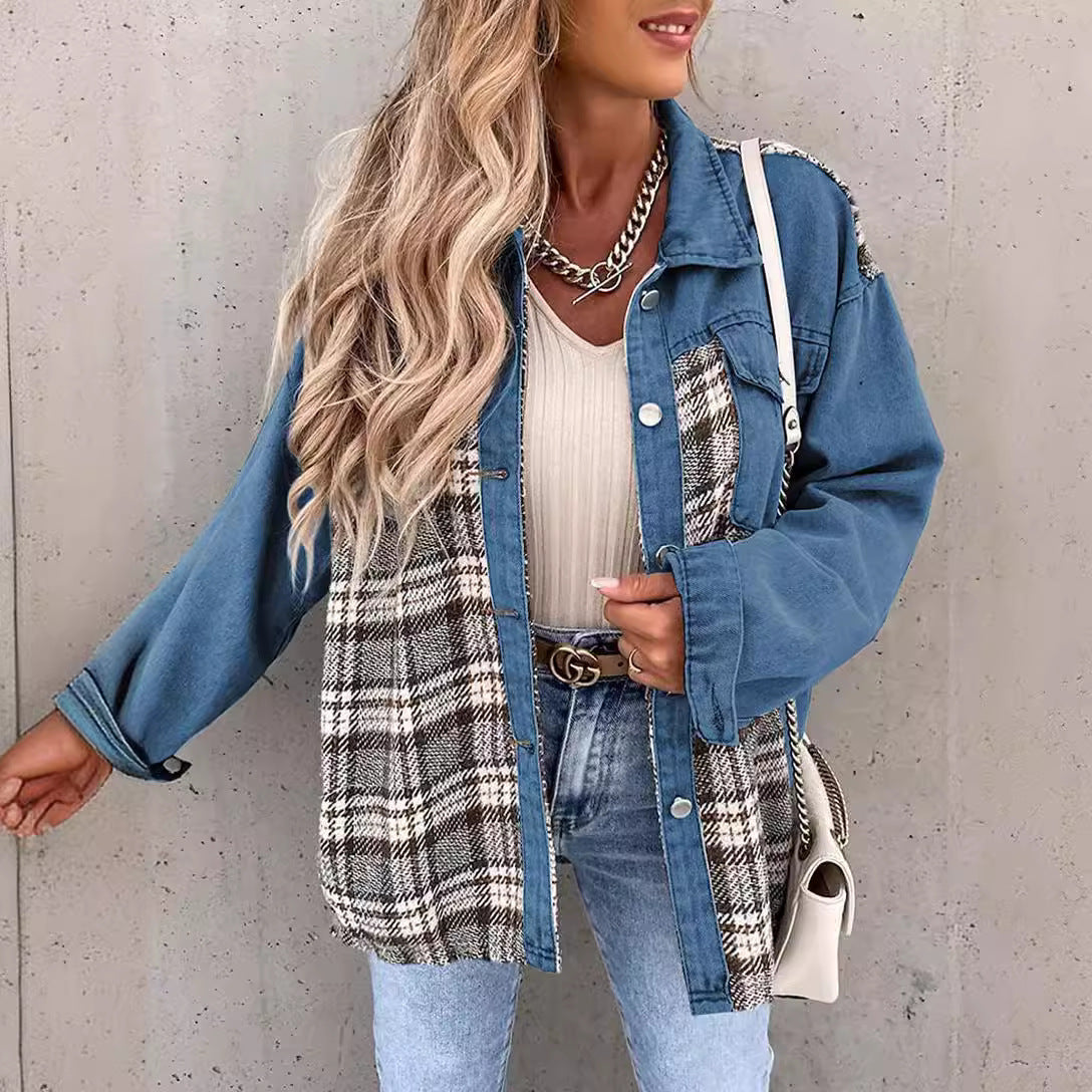 Veste femme – Coupe oversize – Empiècements jean et carreaux – Manches longues