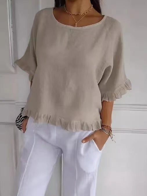 Blouse femme manches courtes – Coupe fluide – Lin et coton – Col rond – Finitions volantées