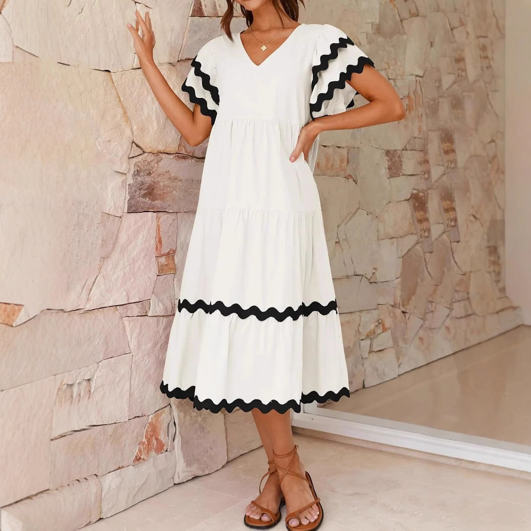 Robe midi femme – Encolure en V – Manches volantes – Coupe fluide – Tissu respirant