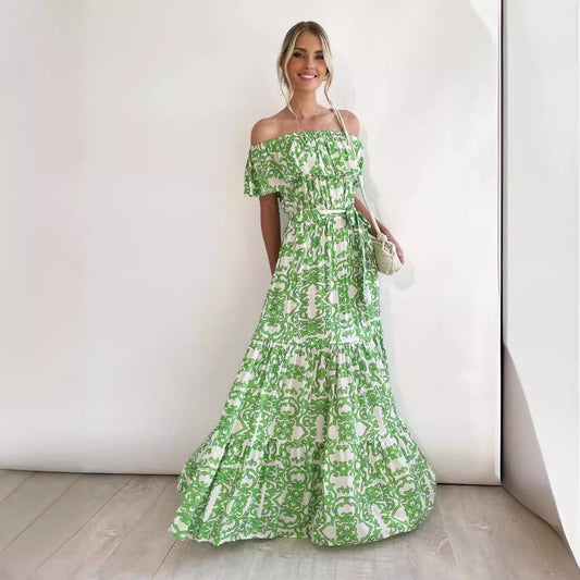 Robe longue femme – Épaules dénudées – Volants – Taille nouée – Jupe à étages fluides