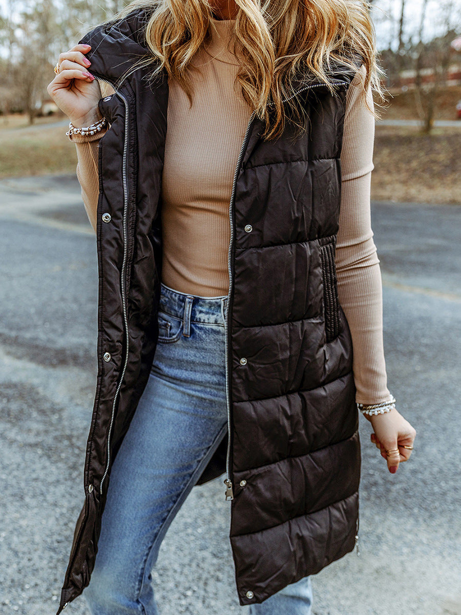 Veste longue femme – Matelassée légère – Coupe décontractée – Sans manches à capuche