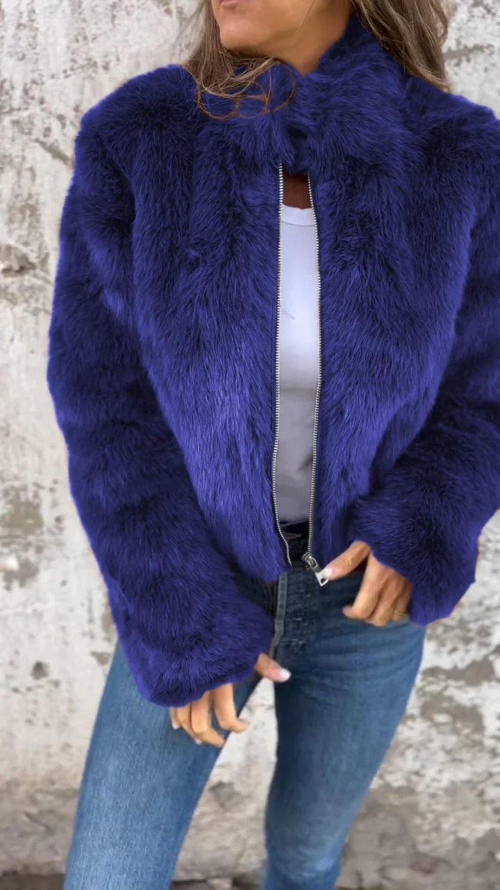 Veste femme en fausse fourrure – Coupe décontractée – Col montant – Manches longues