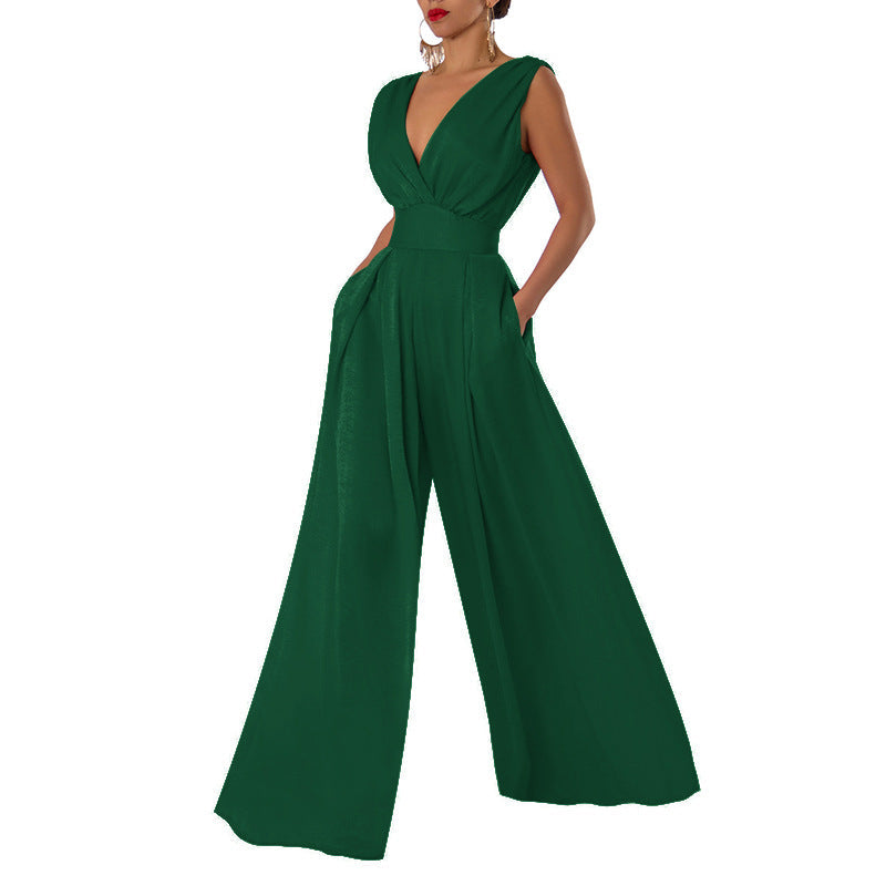 Combinaison femme – Sans manches – Taille haute – Jambes larges – Encolure en V