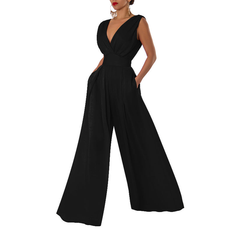Combinaison femme – Sans manches – Taille haute – Jambes larges – Encolure en V