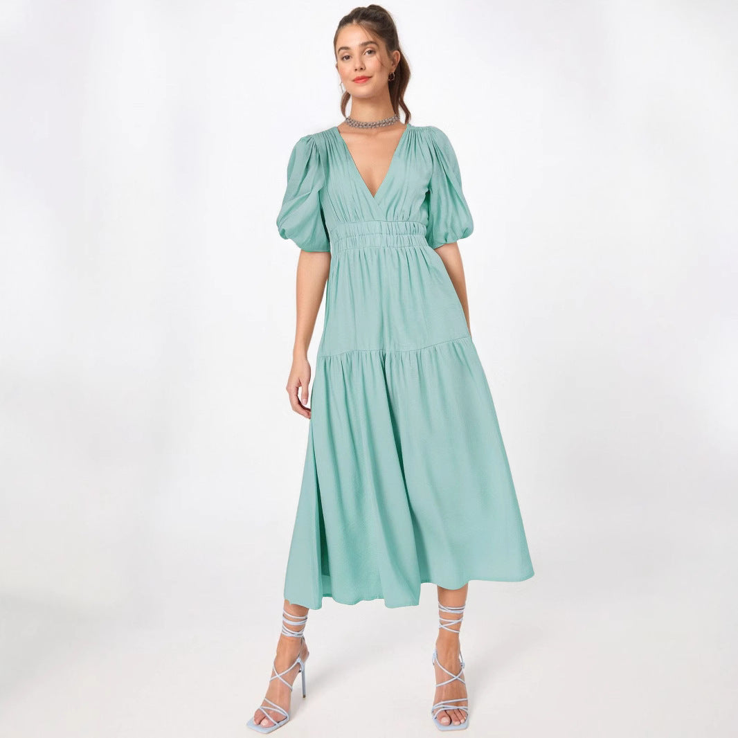 Robe midi femme – Taille cintrée – Manches bouffantes – Décolleté en V – Jupe fluide à volants