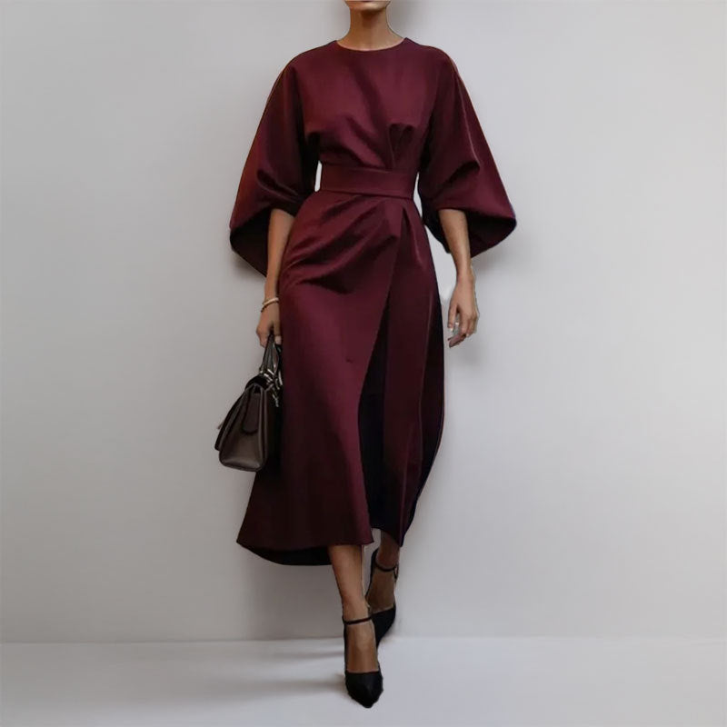 Robe longue femme – Taille cintrée – Manches chauve-souris – Drapé fluide élégant