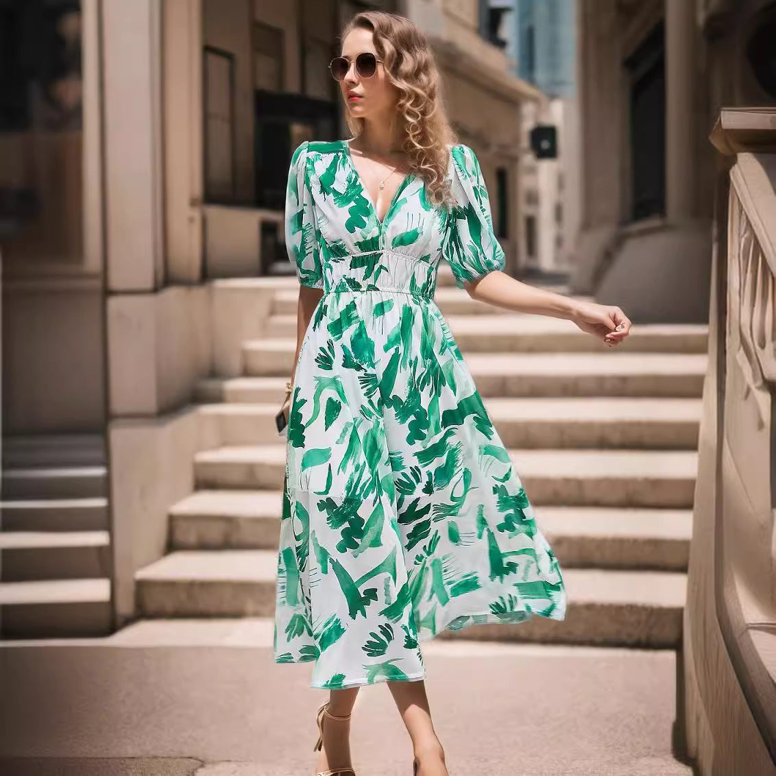 Robe midi femme – Taille cintrée – Manches bouffantes – Décolleté en V – Tissu respirant