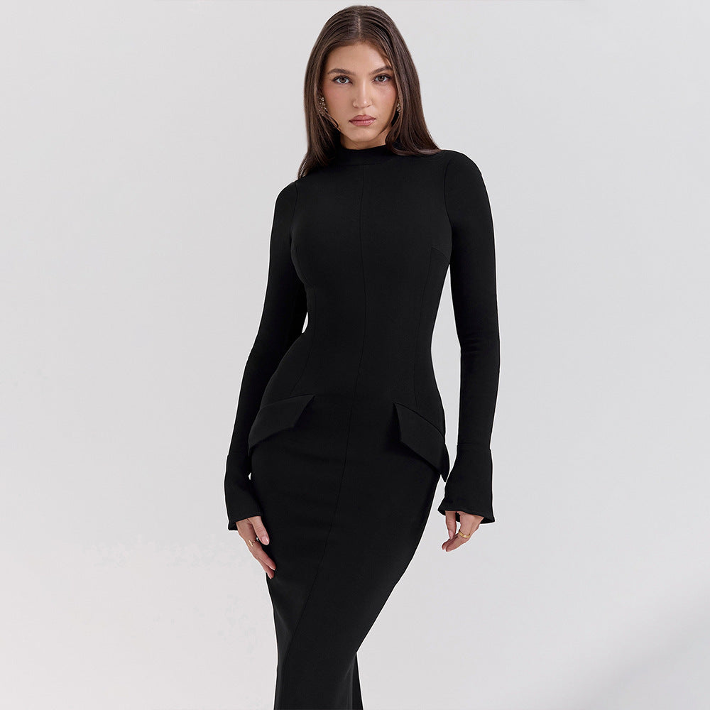 Robe longue femme – Coupe slim – Manches longues – Col rond – Élégance formelle