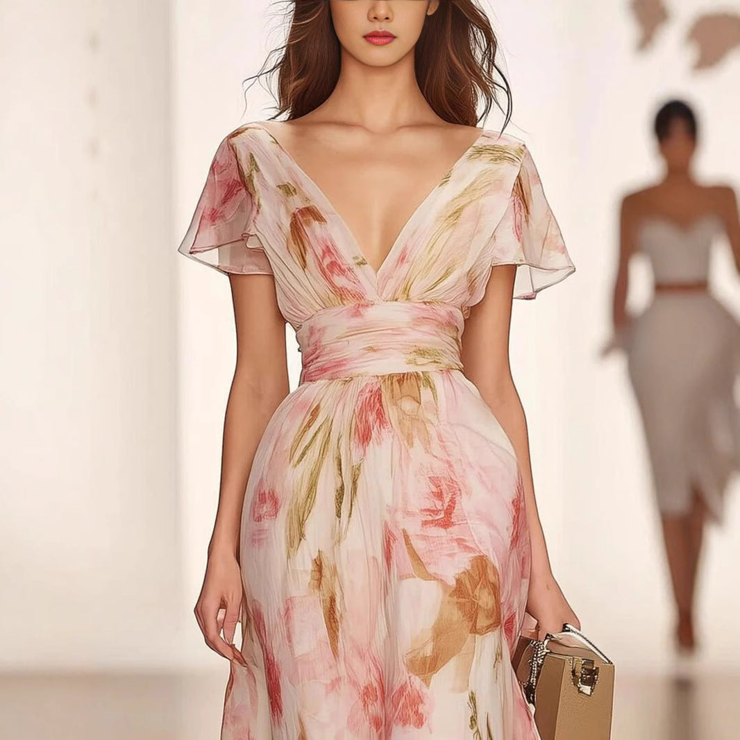 Robe longue femme – Coupe évasée – Col en V profond – Manches volantées – Imprimé floral