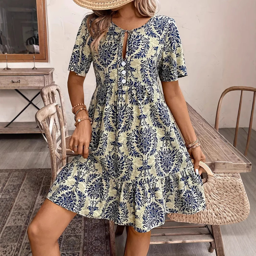 Robe femme – Coton respirant – Coupe ample – Imprimé à volants – Manches courtes