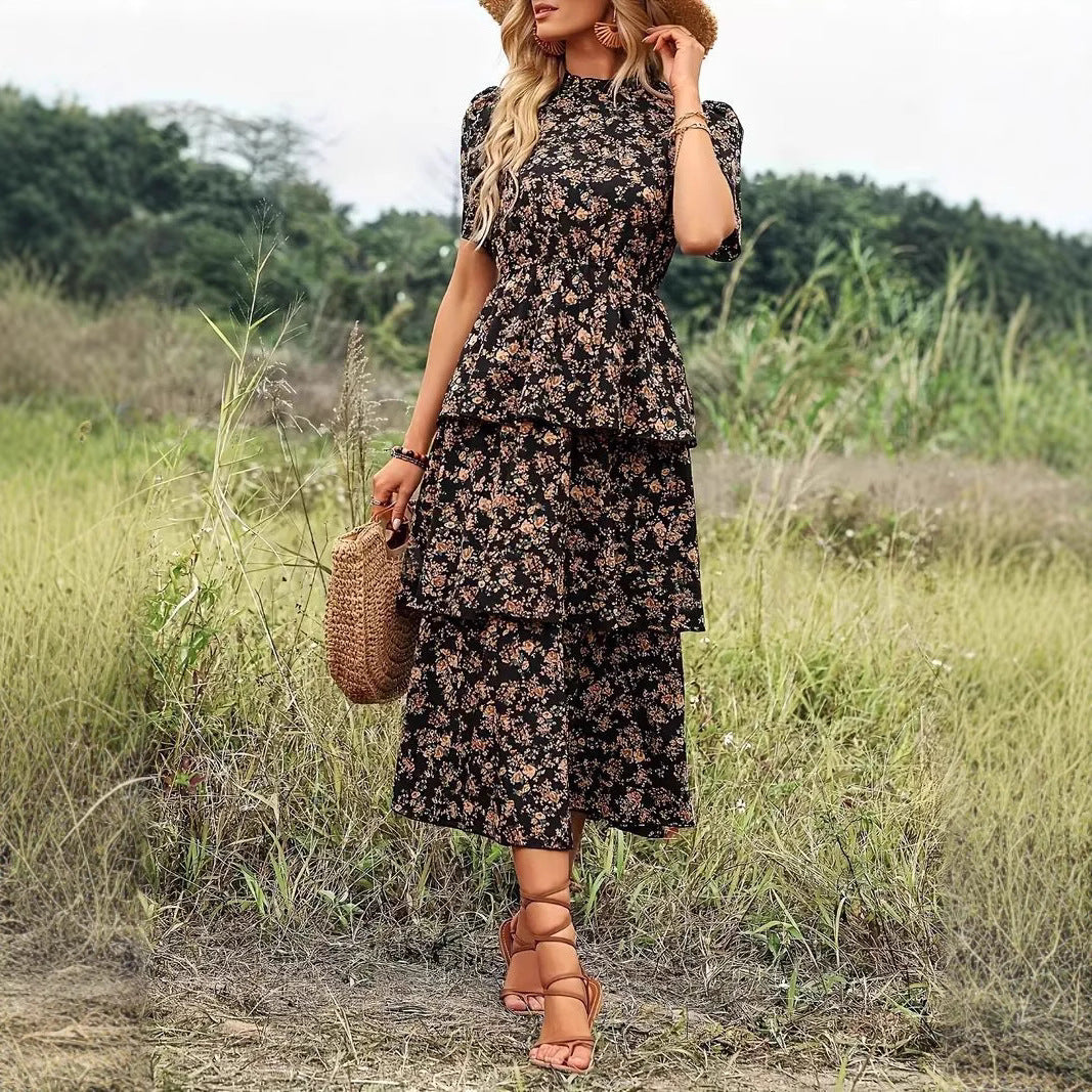 Robe midi femme – Coupe fluide – Imprimé fleuri – Manches bouffantes – Taille marquée