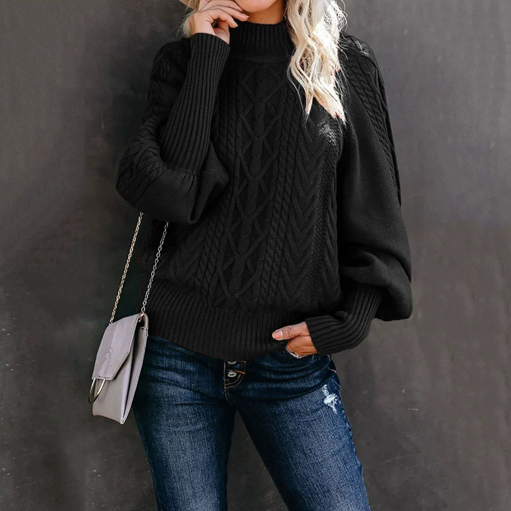 Pull Femme – Col Cheminée – Maille Torsadée – Coupe Ample – Manches Longues