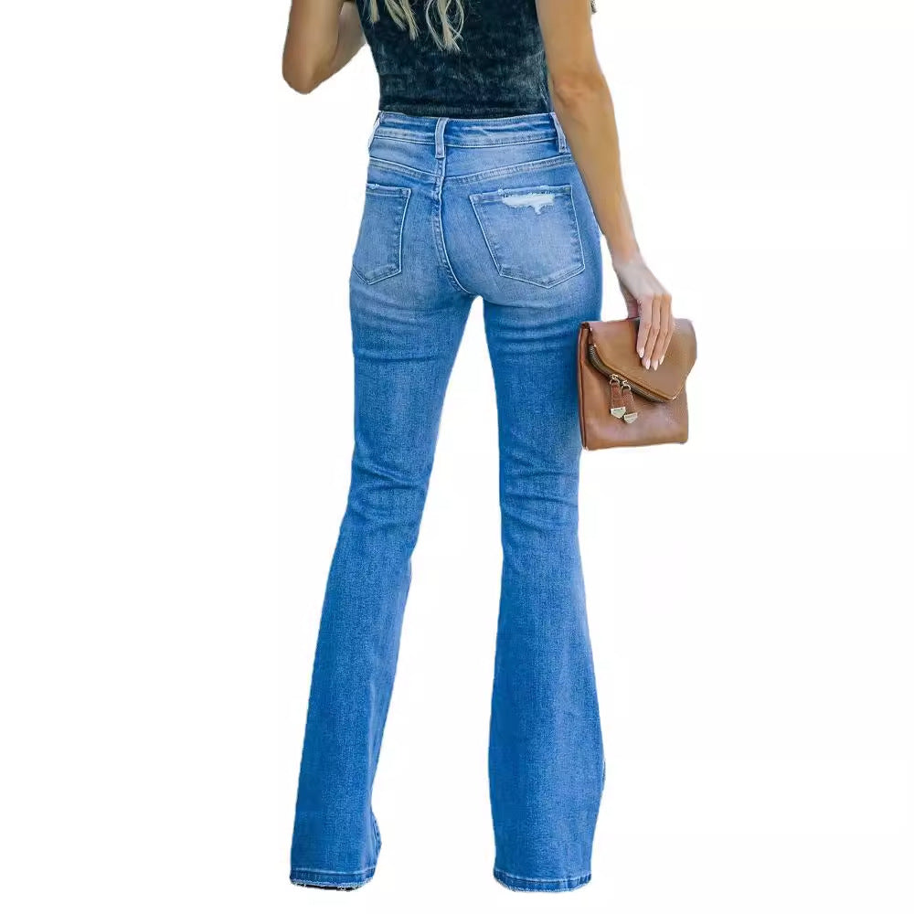 Jean bootcut femme – Taille haute – Look usé – Coupe évasée – Longueur entière