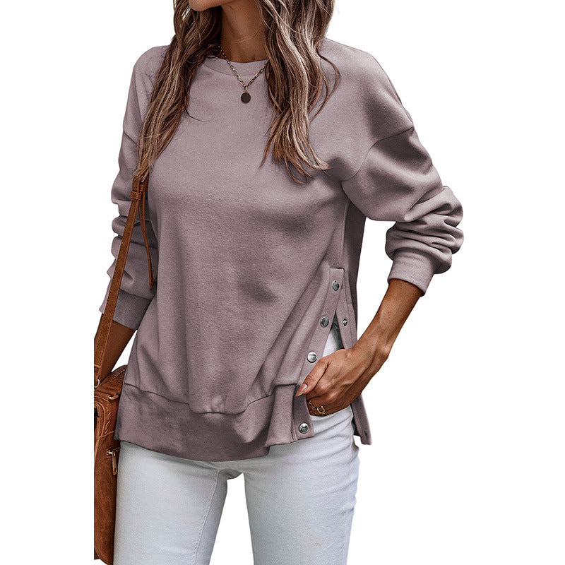 Sweat-shirt femme – Coupe ample – Longueur tunique – Fentes côtés boutonnées