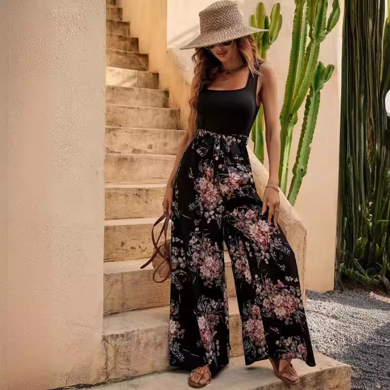 Combinaison femme – Sans manches – Imprimé floral – Taille ceinturée – Jambes larges