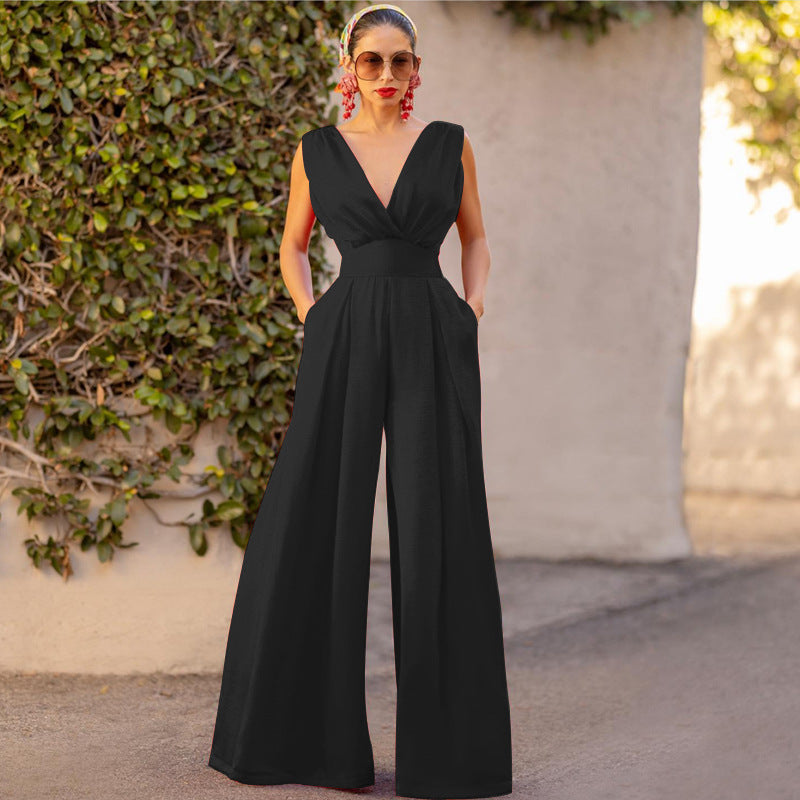 Combinaison femme – Sans manches – Taille haute – Jambes larges – Encolure en V
