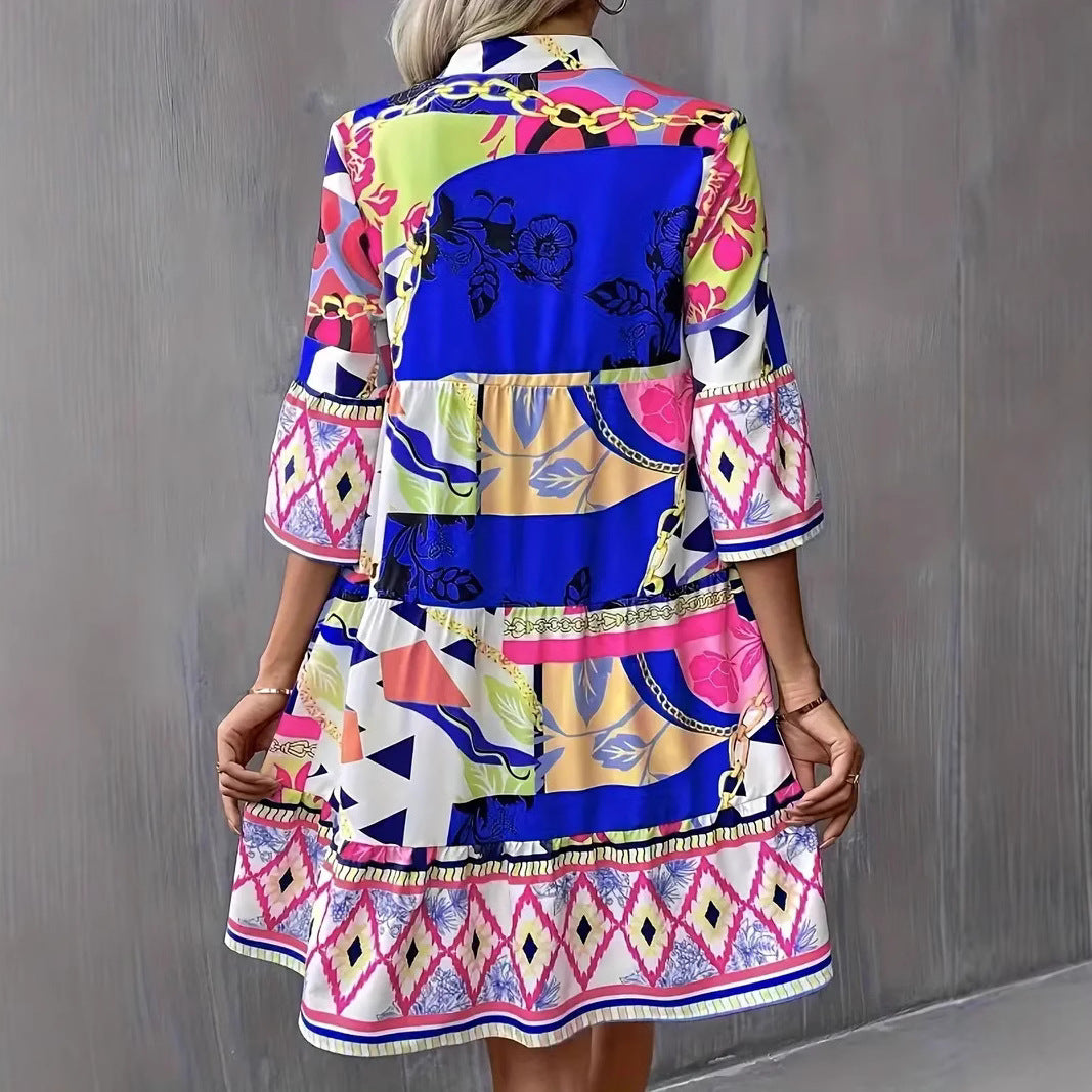 Robe Femme Évasée – Coupe Décontractée – Manches Volantes – Col V – Imprimé Graphique