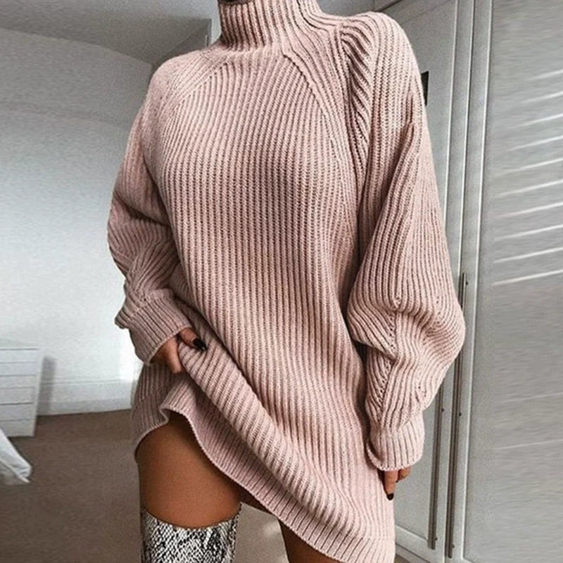 Robe Pull Femme – Coupe Oversize – Maille Côtelée – Col Cheminée – Manches Raglan