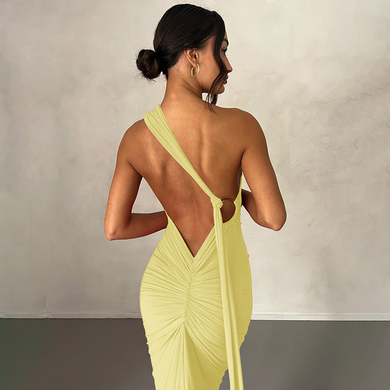 Robe Femme Longue – Coupe Slim – Épaule Dénudée – Encolure Asymétrique – Fronces