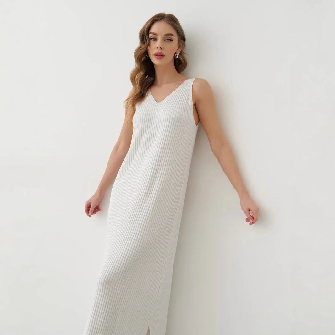 Robe longue femme – Sans manches – Col en V – Plissée – Coupe fluide