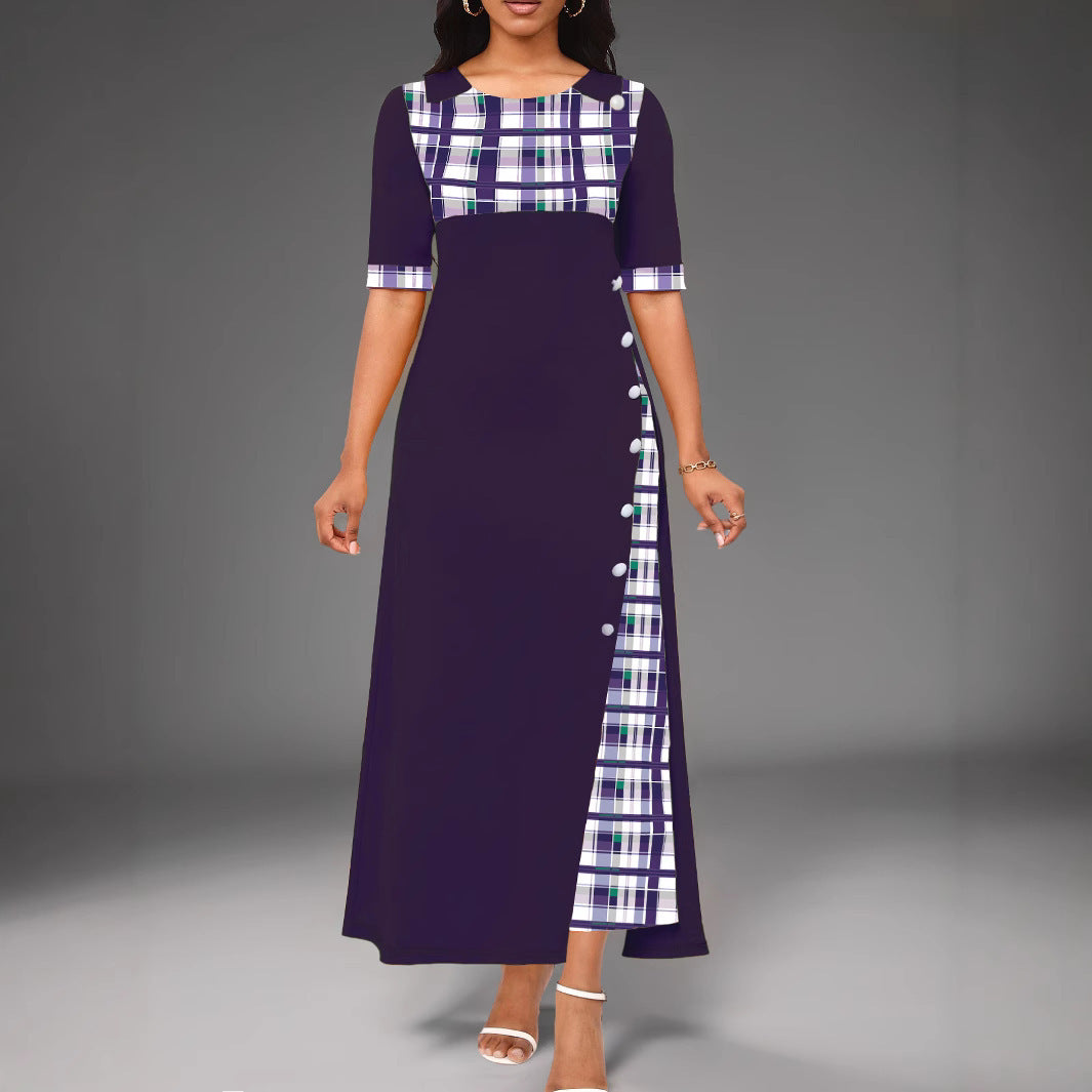 Robe longue femme – Coupe cintrée – Col rond – Manches mi-longues – Détail asymétrique à carreaux