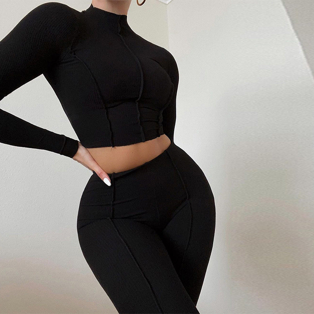 Ensemble femme athleisure – Côtelé stretch – Crop top manches longues – Leggings taille haute