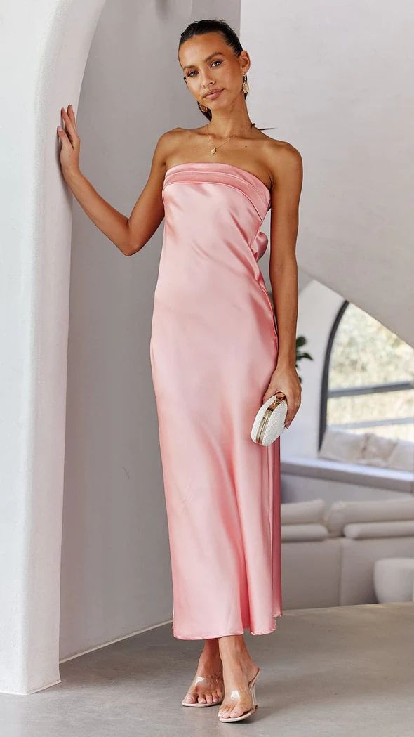 Robe longue femme – Satin lisse – Coupe slim élégante – Sans bretelles – Soirée formelle