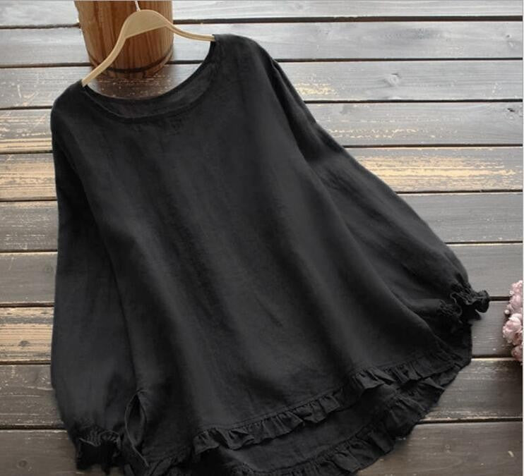 Blouse femme – Coupe ample – Manches longues – Linnen coton – Volants élégants