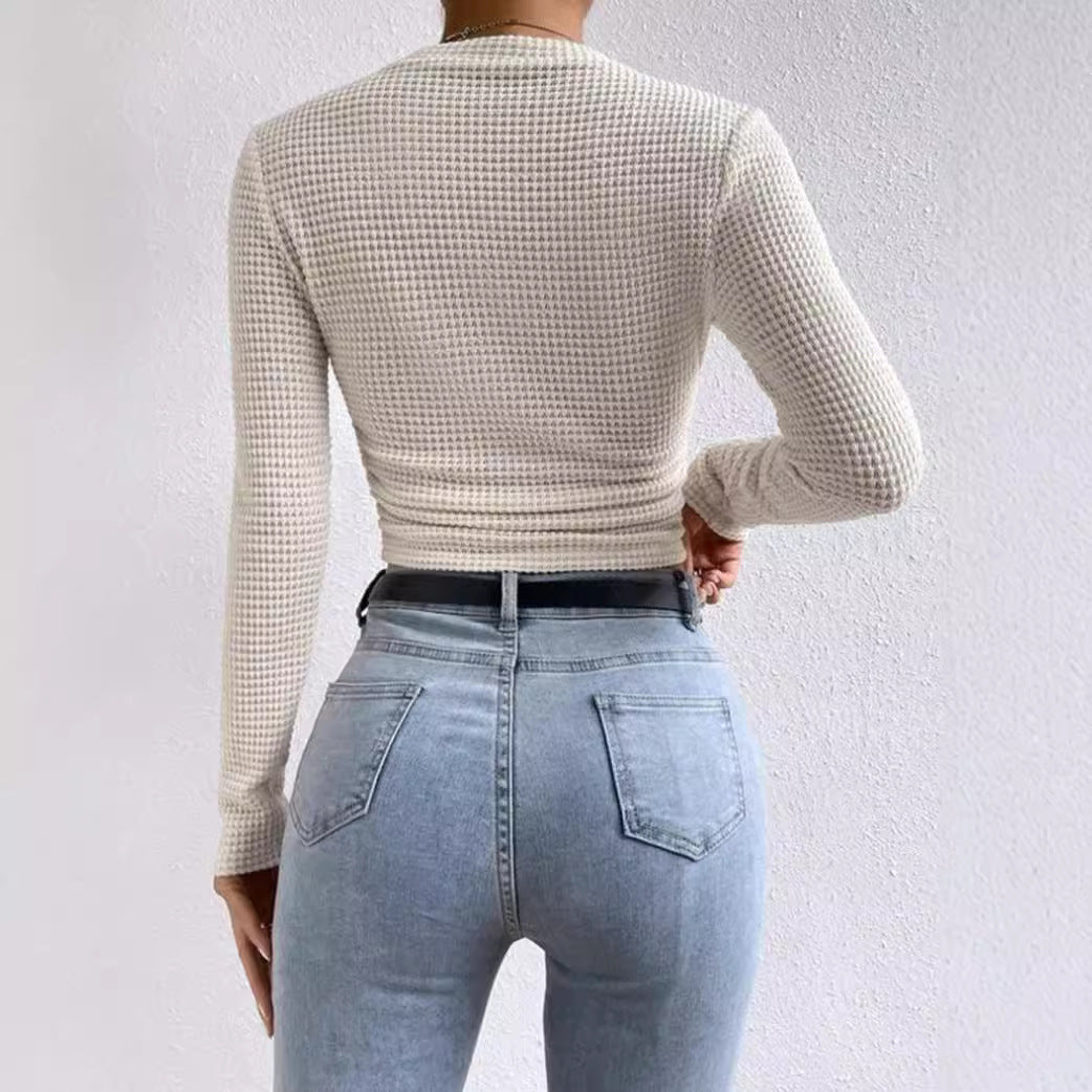 Top court femme – Manches longues – Ajusté – Taille froncée – Maille texturée douce