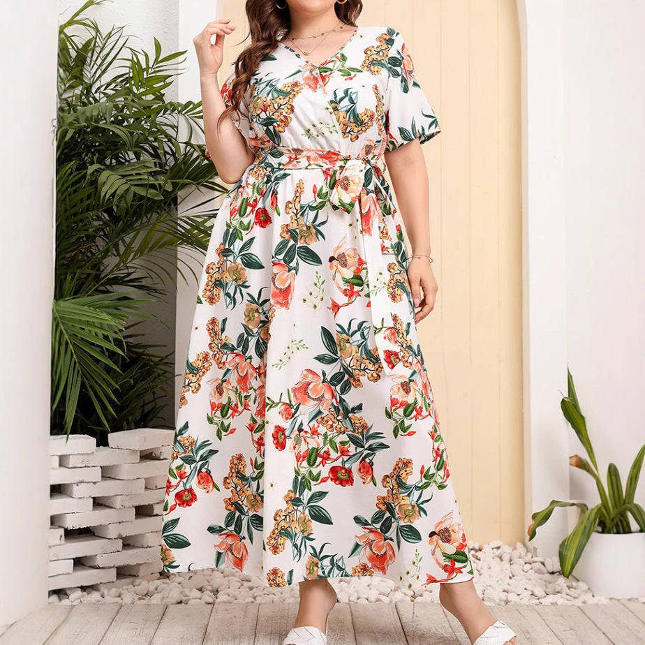 Robe midi femme – Coupe évasée – Col en V – Manches courtes – Imprimé fleuri – Ceinture