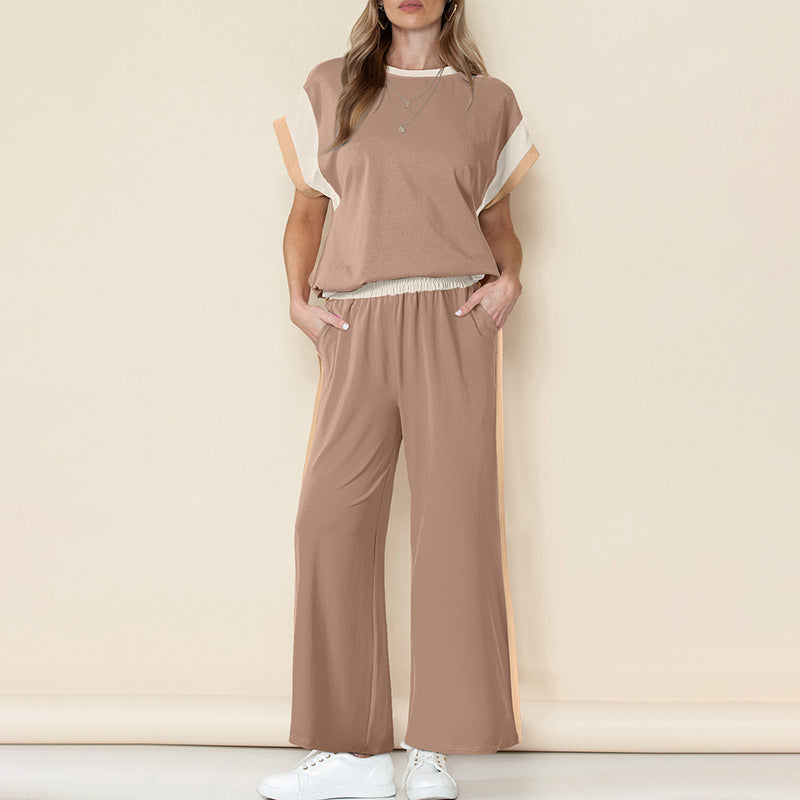 Ensemble Femme – Tissu Léger – Haut Manches 3/4 – Pantalon Évasé 7/8 – Détail Contraste
