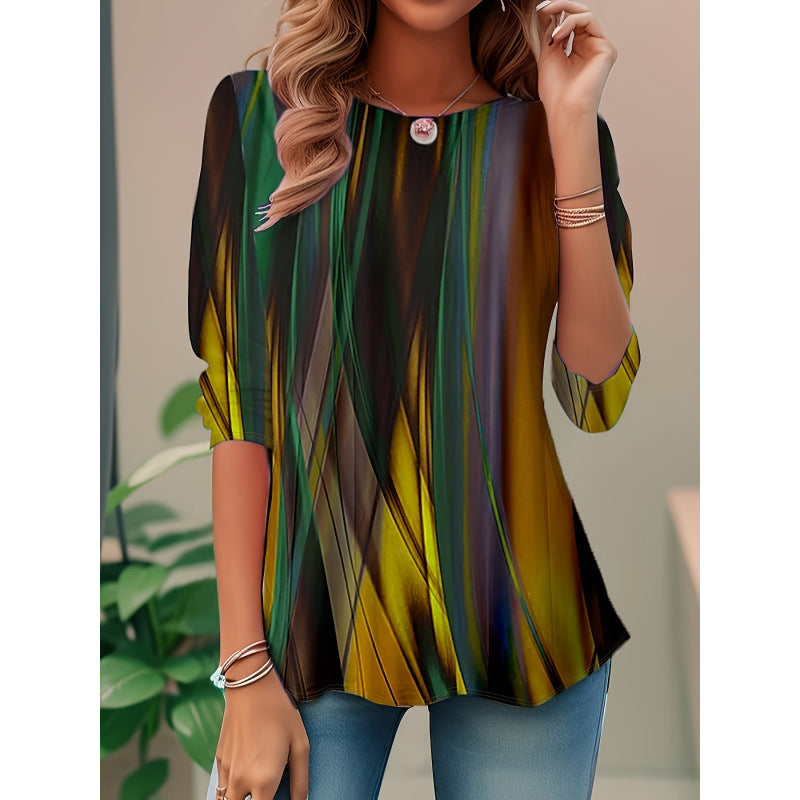 Blouse femme – Coupe ample – Imprimé abstrait – Manches 3/4 – Tissu léger respirant