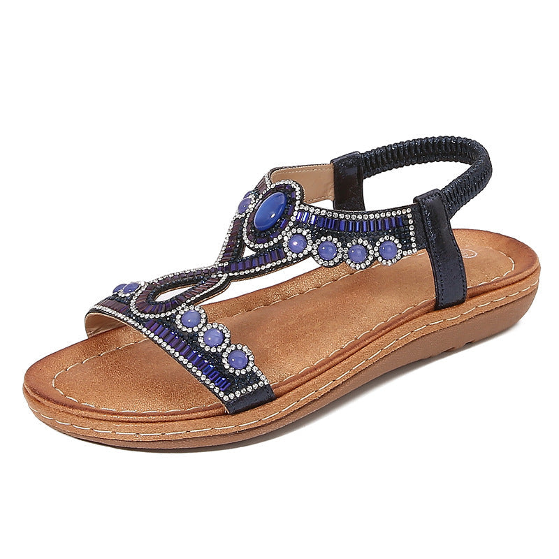 Sandales femme – Semelle plate – Bride élastique – Perles et cristaux boho chic