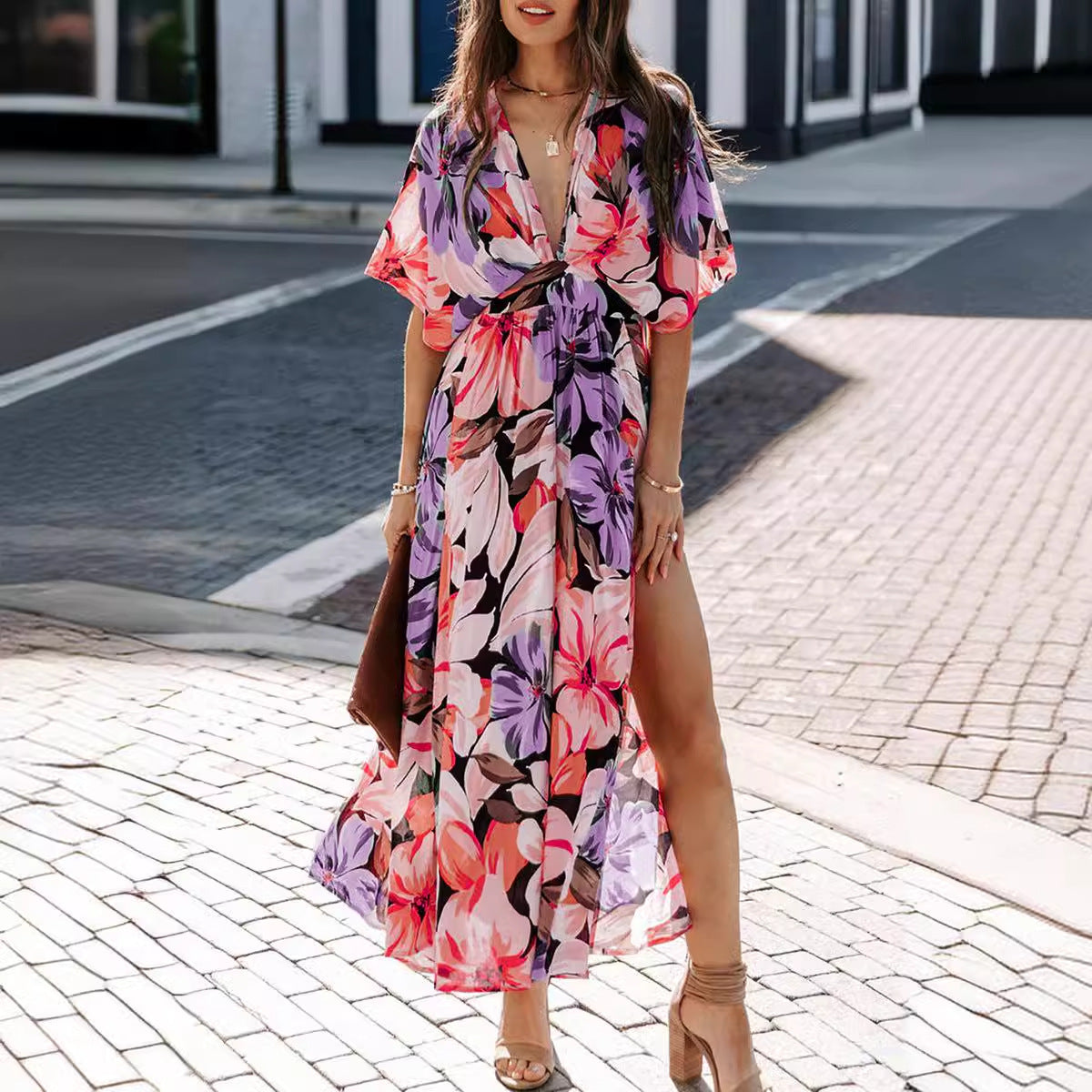 Robe longue femme – Taille haute – Décolleté cache-cœur – Fente latérale – Imprimé fleuri